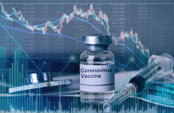 A vial labeled “Coronavirus Vaccine” alongside a syringe and stethoscope, overlaid with a digital stock market chart, symbolizing the intersection of healthcare advancements and financial market impacts.