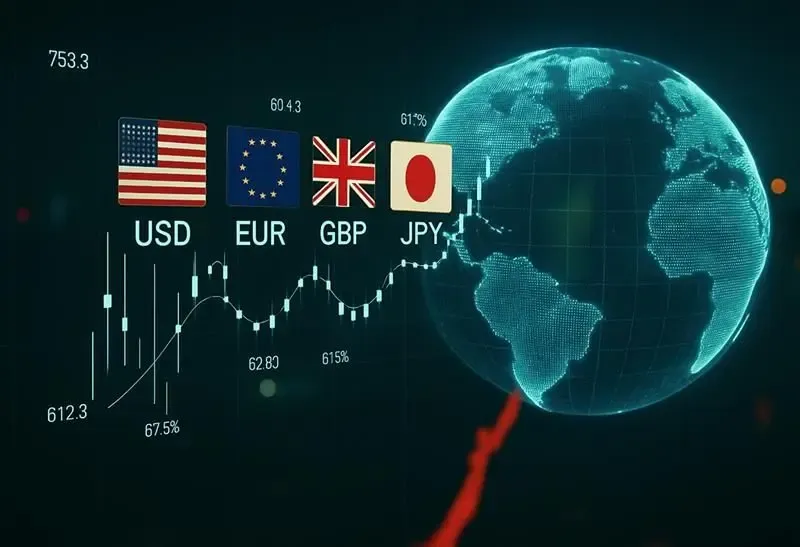 Digital chart displaying USD, EUR, JPY, and GBP; represents MTFX’s multi-currency solutions that simplify global payments and currency management across major markets.