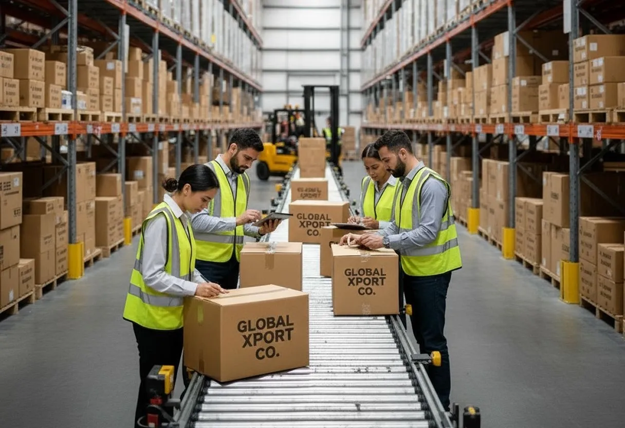 A team of warehouse workers wearing safety vests preparing and labelling export boxes on a conveyor belt in a large distribution centre filled with stacked packages.