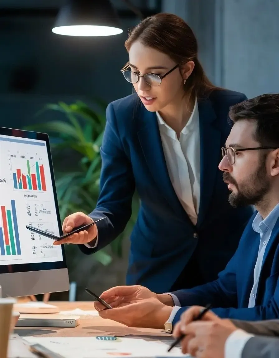 Two professionals analyzing bar charts and graphs on a computer screen in an office