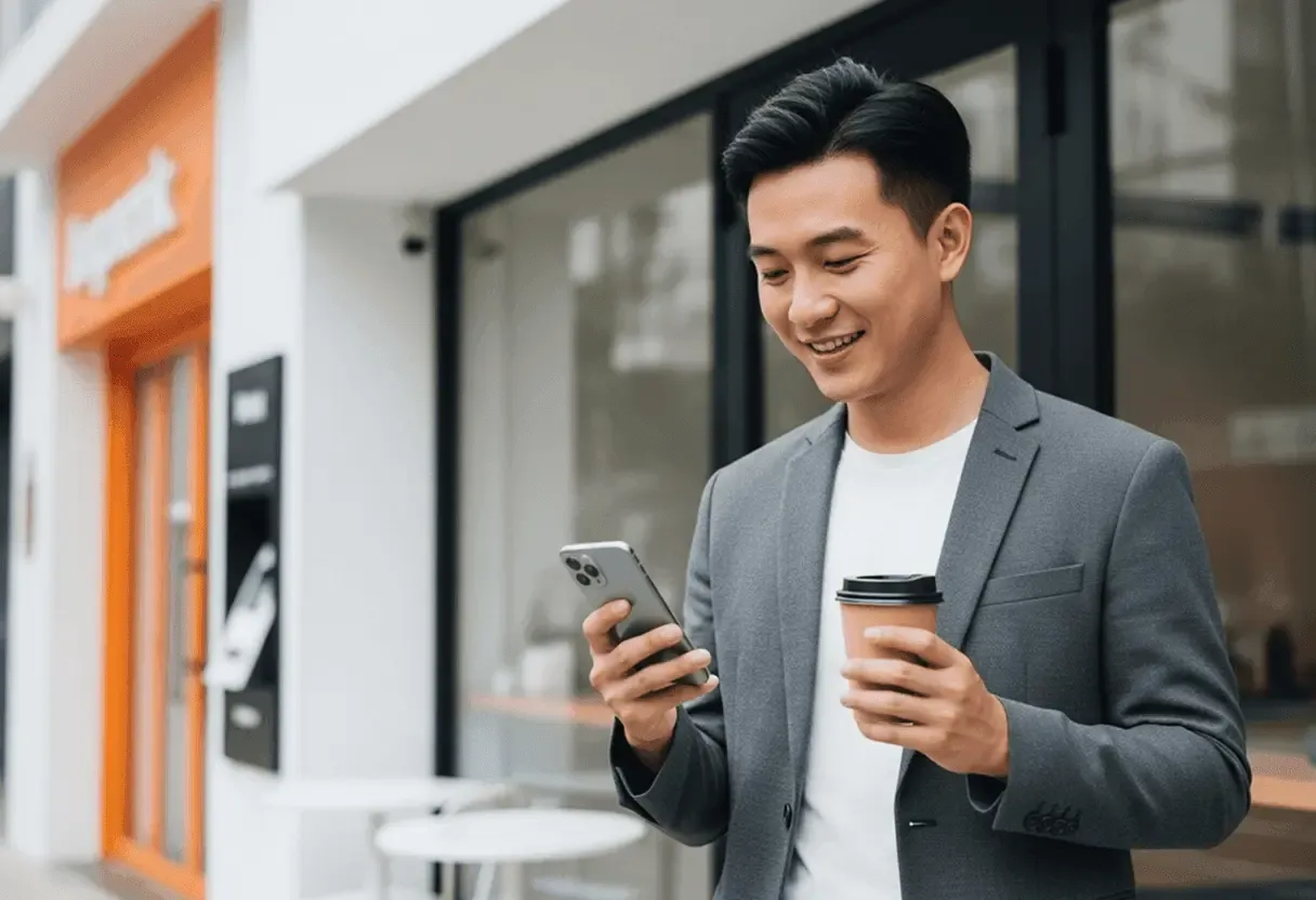 Business professional holding coffee and checking smartphone outside storefront, symbolizing fast and convenient digital payments.