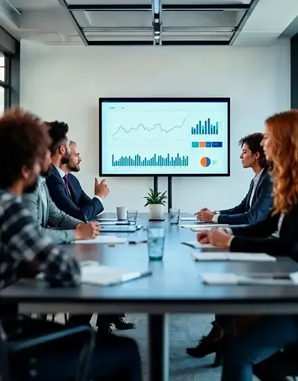 Team of professionals in a boardroom meeting discussing data displayed on a screen with charts