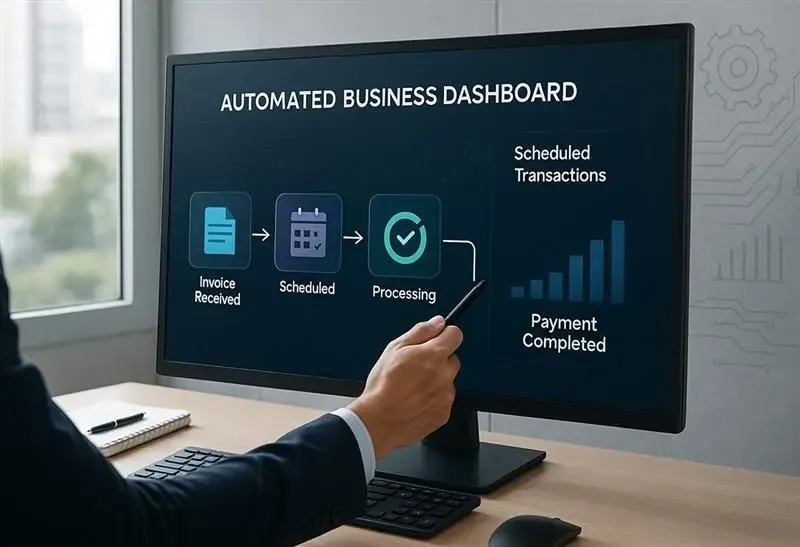 Person pointing at a computer screen displaying an automated business dashboard with payment workflow visuals, illustrating how MTFX’s FX solutions integrate seamlessly with automation tools to simplify global transactions, boost efficiency, and ensure timely cross-border payments.