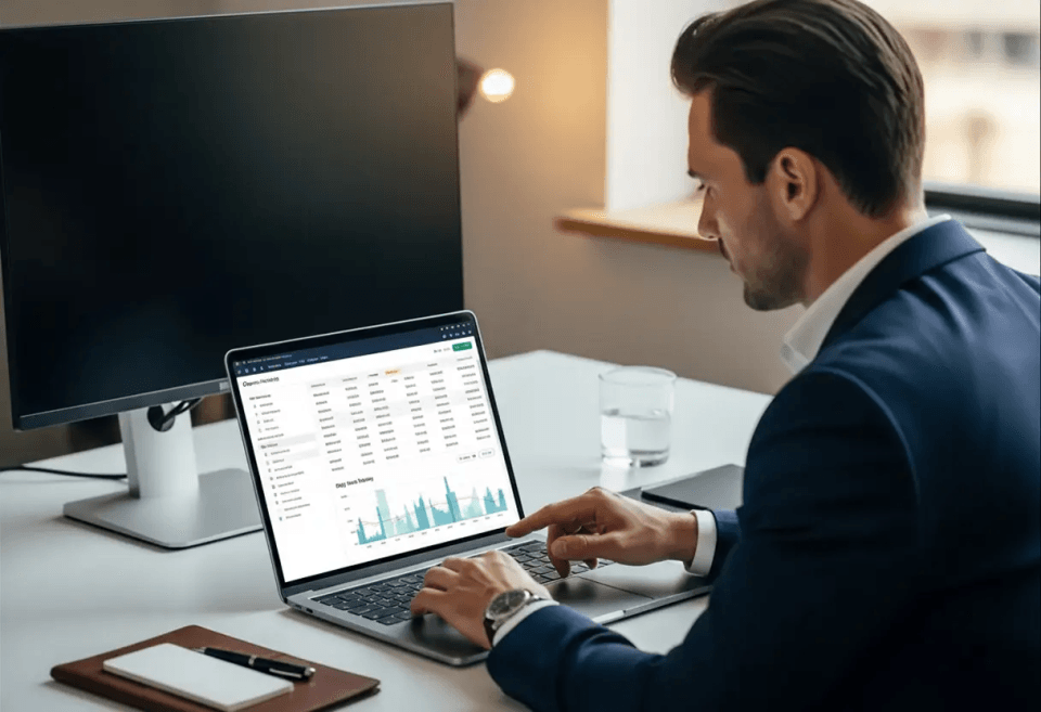 A business professional sits at a desk reviewing financial data on a laptop, displaying currency balances and charts, suggesting multi-currency account management in a modern office setting.