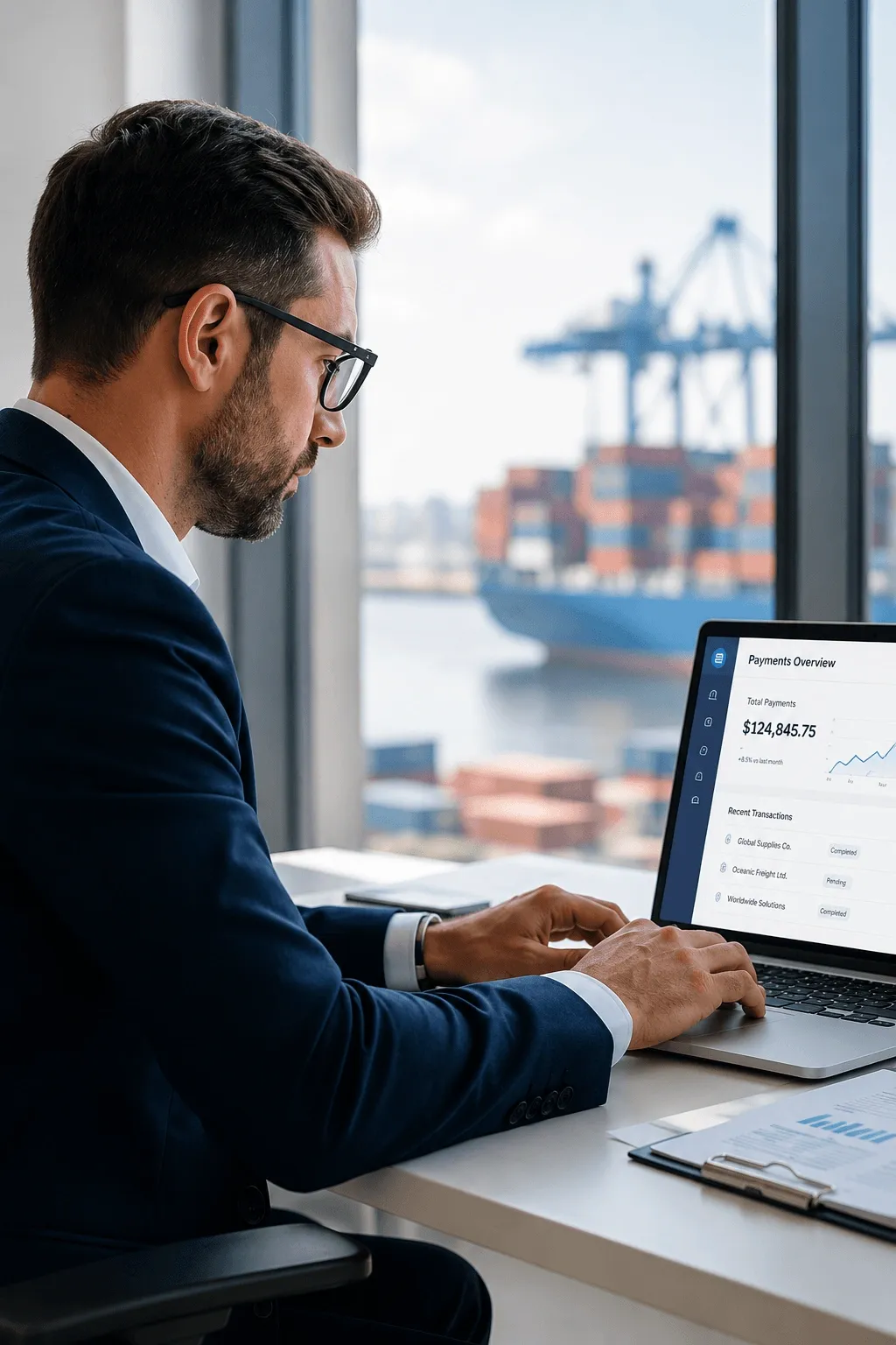 Business professional reviewing an international payments dashboard on a laptop with a cargo ship and shipping containers visible through the office window.