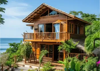 Wooden beachfront house with balcony surrounded by tropical greenery