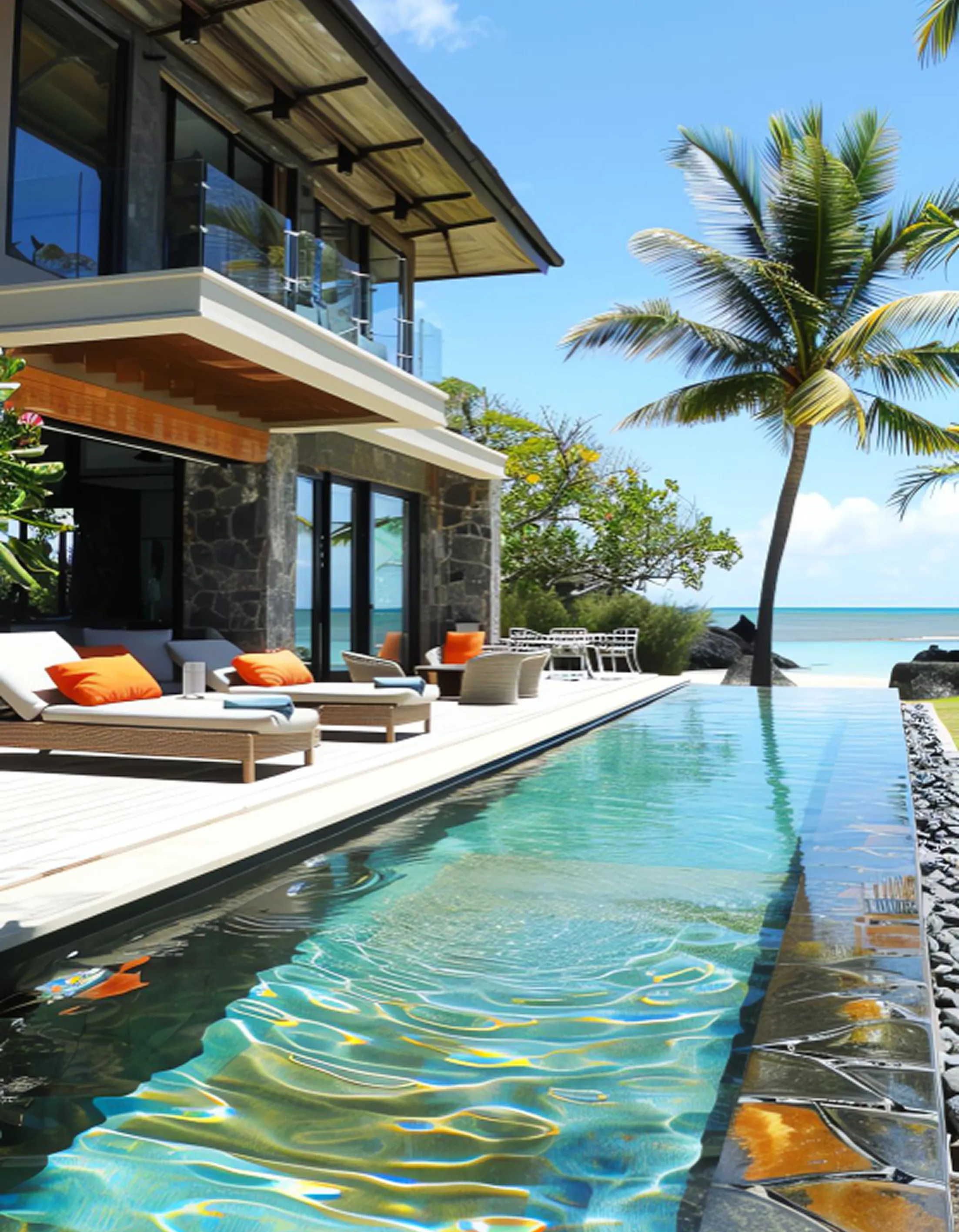 Modern luxury home in the USA with poolside view, palm trees, and blue sky.