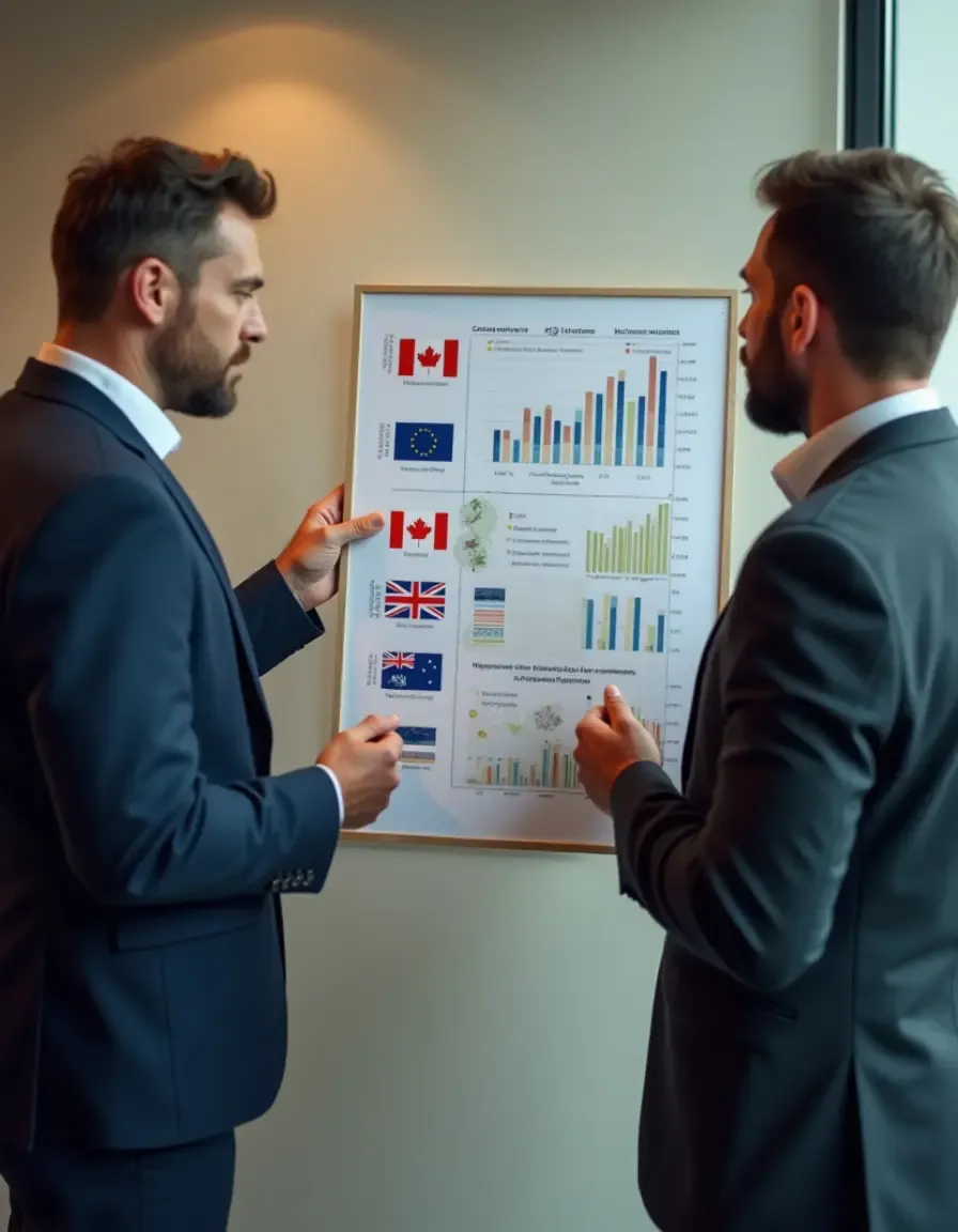 Two professionals discussing a framed infographic comparing economic data across countries