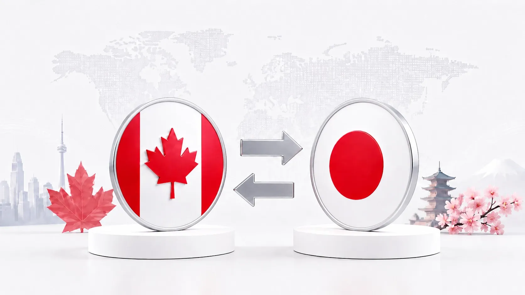 Canada and Japan flag icons with arrows between them, representing cross-border money transfer.