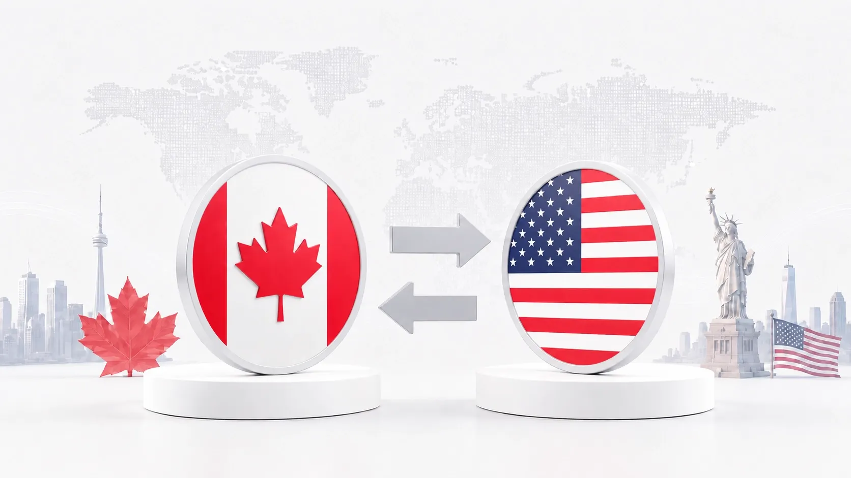 Canada and U.S. flag icons with arrows between them, representing cross-border money transfer.