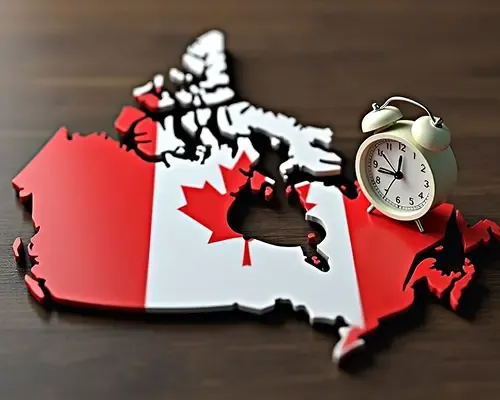 Map of Canada with the national flag design and a small alarm clock placed on top, symbolizing Canadian time or timezone concept.