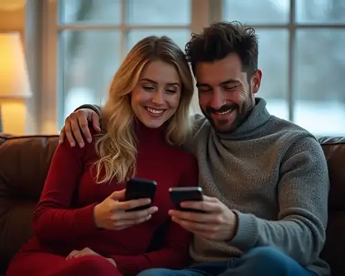 Smiling couple sitting on a sofa and using their smartphones together in a cozy indoor setting.