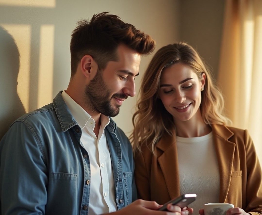 Smiling couple using a smartphone to send money online from Canada to Europe in a bright, modern setting.