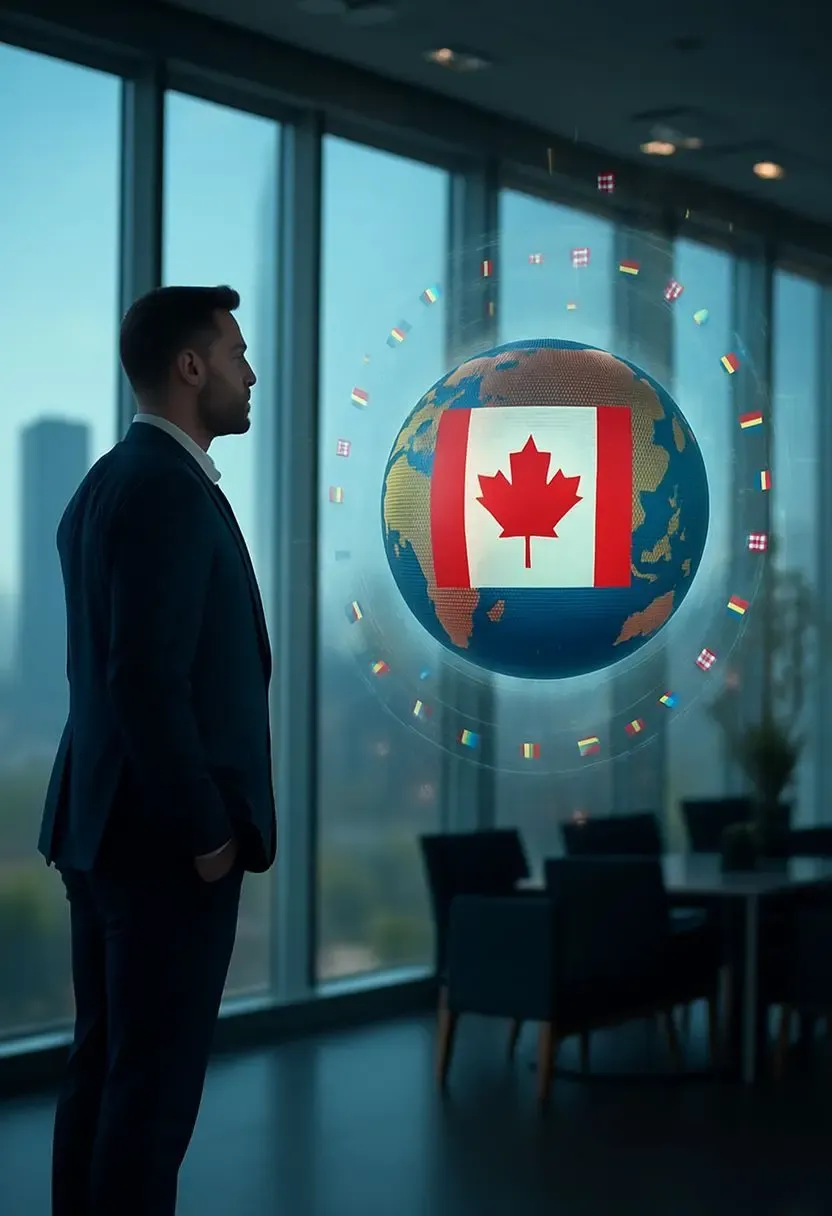 Businessman in a suit standing in a modern office, looking at a digital globe displaying the Canadian flag and international icons, symbolizing MTFX’s expertise in handling global business payments and international B2B transactions from Canada.