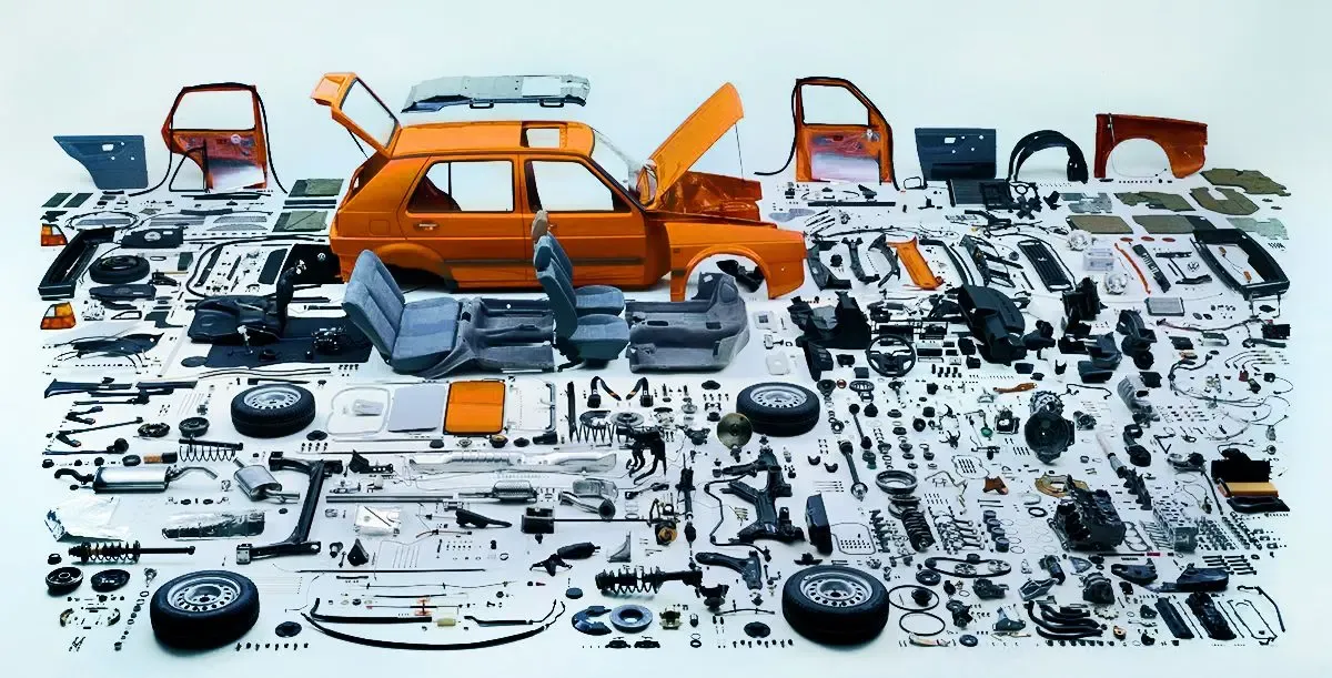 Auto parts and components arranged around a car, symbolizing strategies to secure your auto parts export business from currency uncertainty.