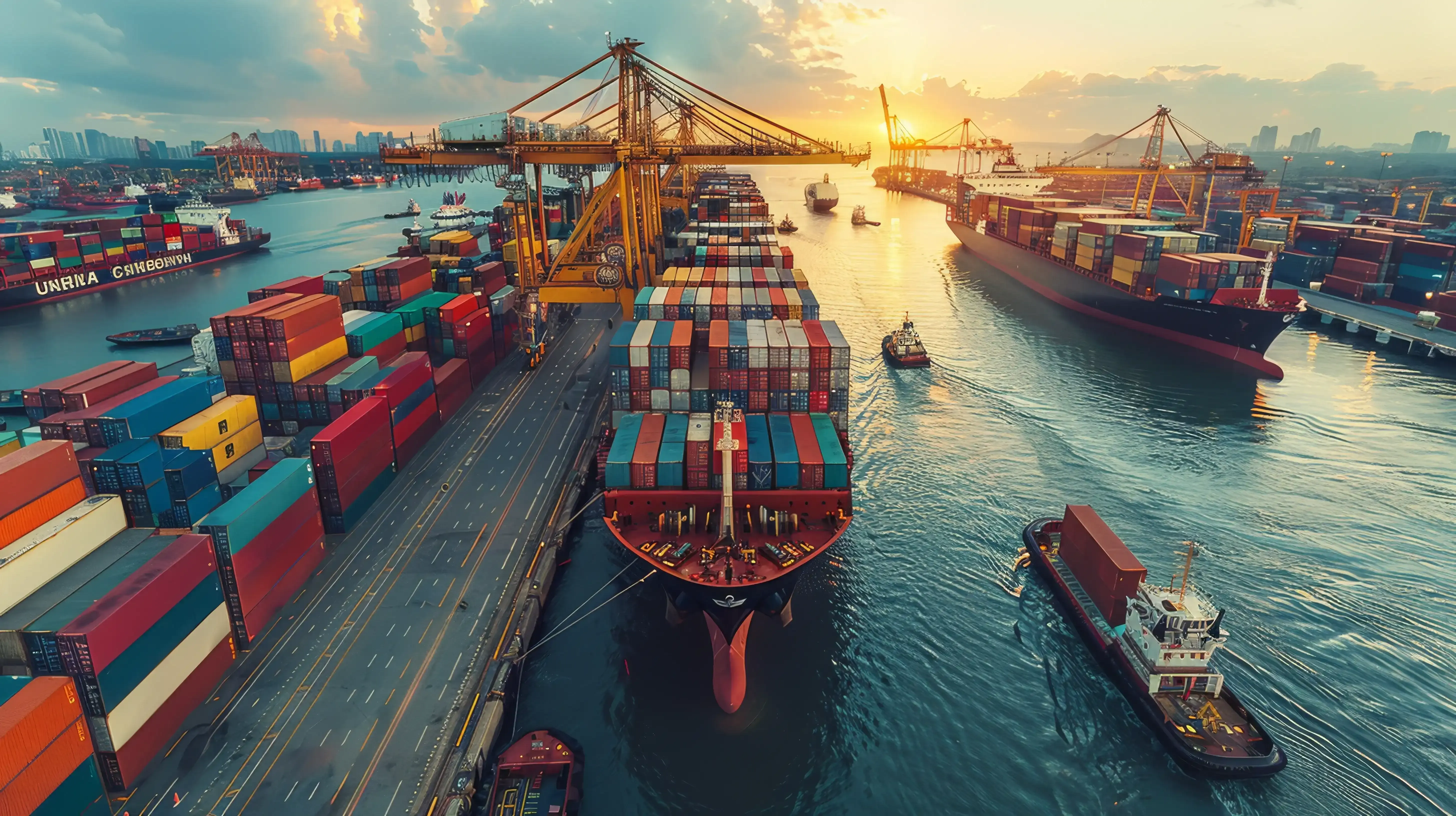 Container ship docking at a busy international port with cargo cranes, stacked containers, and tugboats at sunset.
