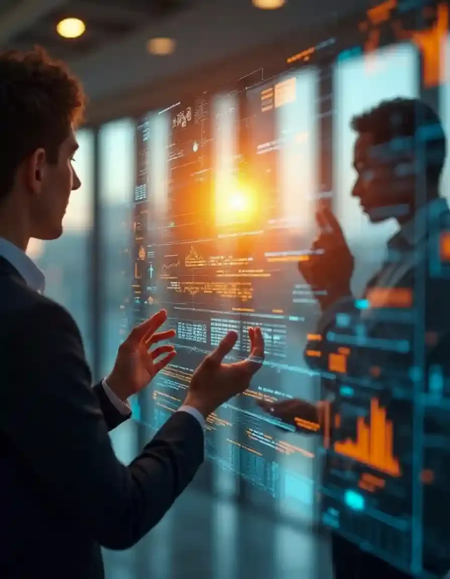 Man interacting with a futuristic digital screen displaying data visualizations and analytics in a modern office