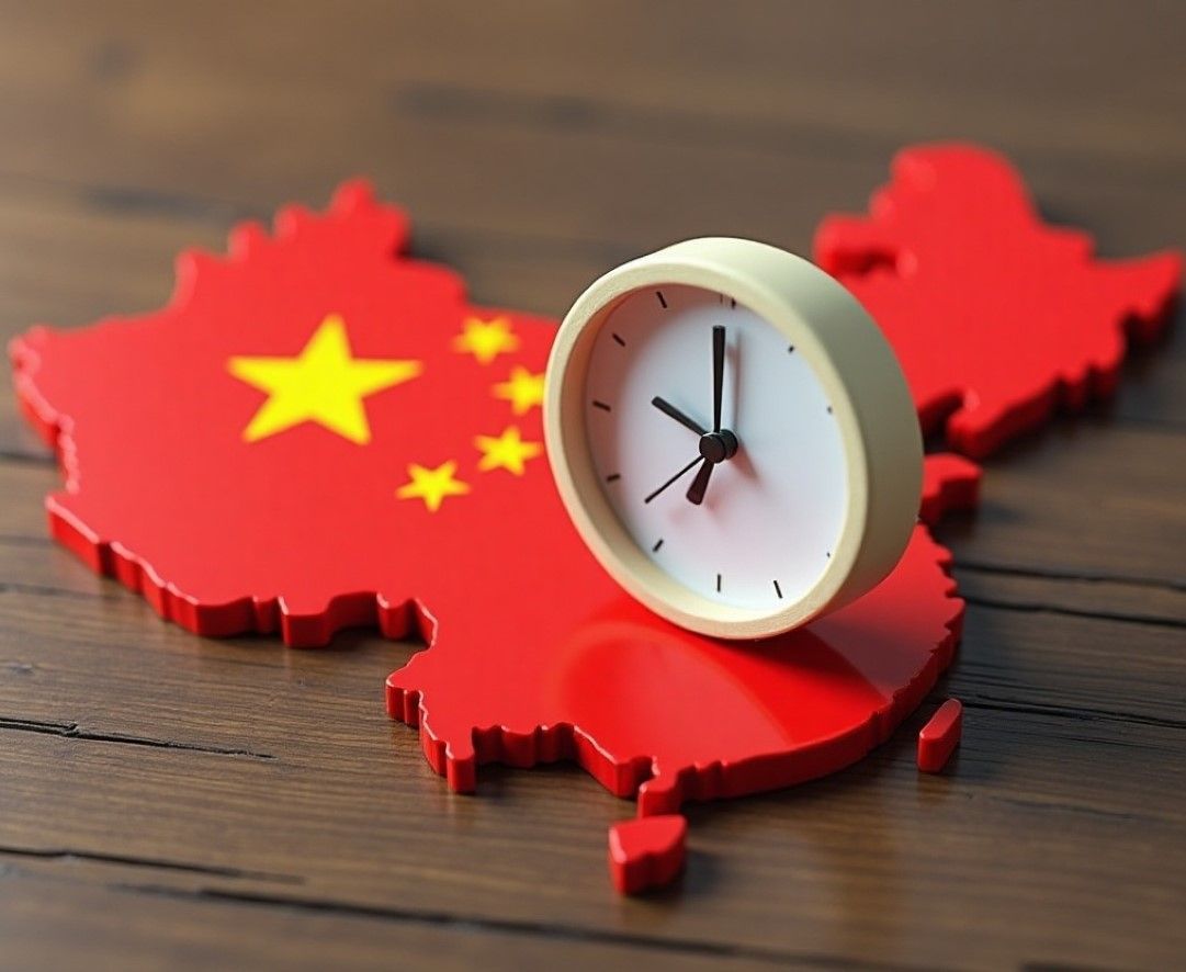 Clock placed on a red map of China with the national flag, symbolizing the speed and timing of services to send money to China.