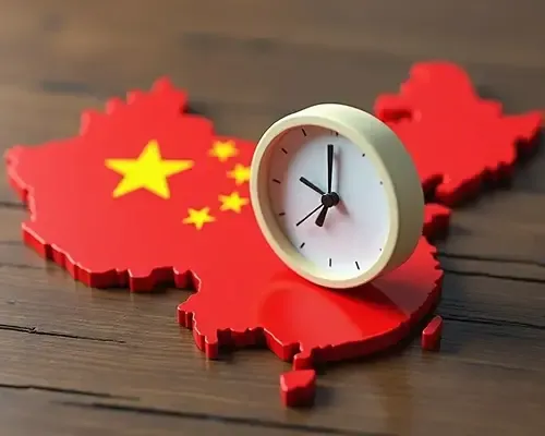 Clock placed on a red map of China with the national flag, symbolizing the speed and timing of services to send money to China.