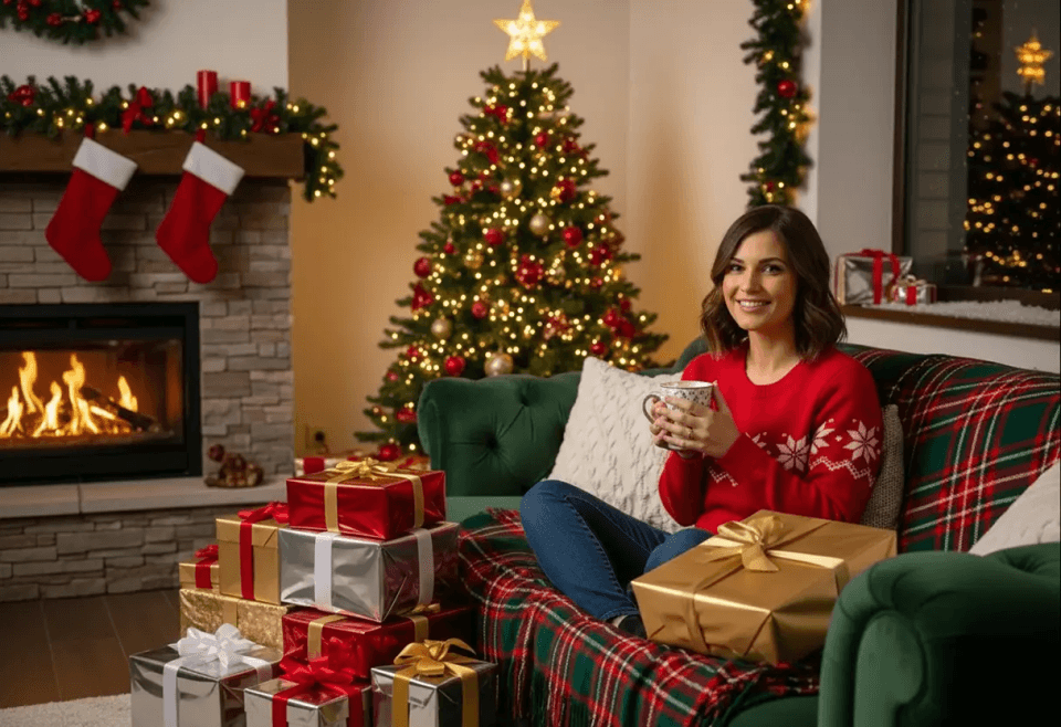 Woman sitting on a sofa holding a mug in a festively decorated living room with a Christmas tree, fireplace, stockings, and wrapped holiday gifts around her.