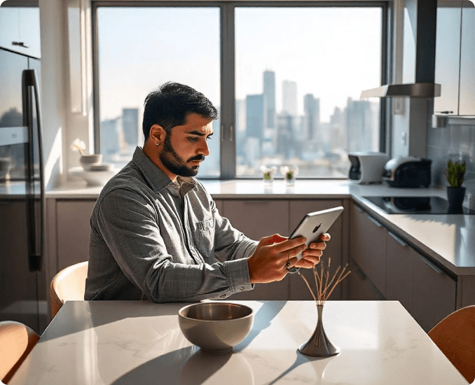 Man using a tablet in a modern kitchen with city skyline view, representing convenient access to competitive exchange rates with MTFX.