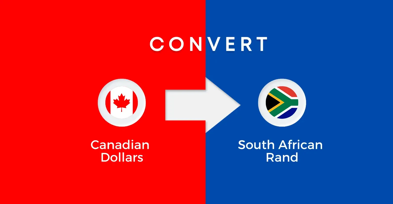 Graphic showing conversion from Canadian dollars to South African Rand with flags of Canada and South Africa and an arrow between them.