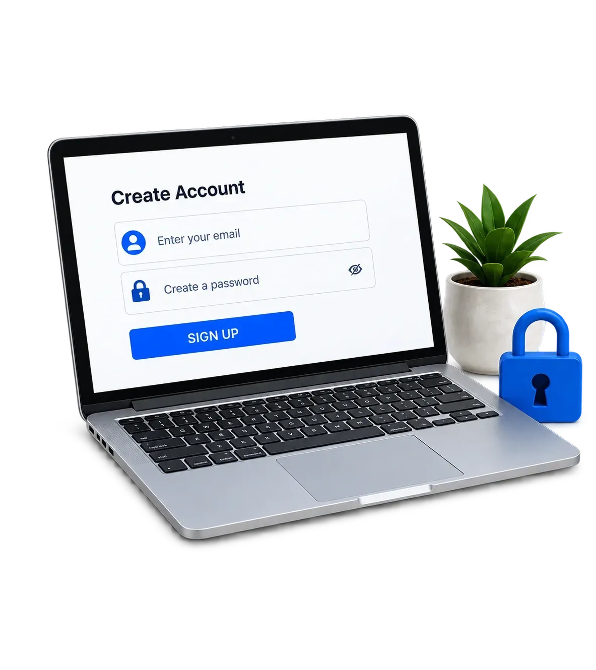 Laptop displaying a secure account sign-up form with a padlock icon, representing online account registration and security.