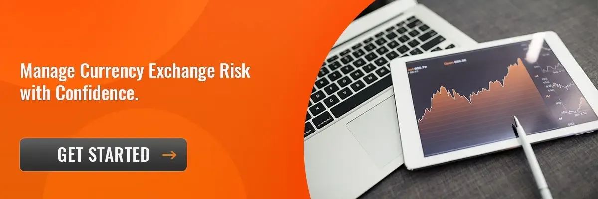 Tablet displaying a currency exchange graph next to a laptop, with a call-to-action banner reading ‘Manage Currency Exchange Risk with Confidence.