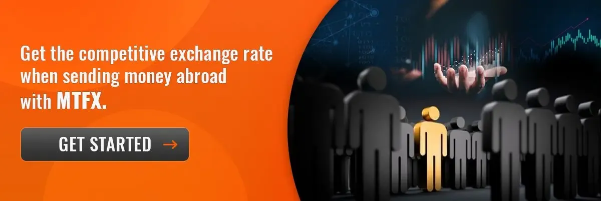 Standout figure highlighted among a crowd with financial graphs and data visuals, promoting competitive exchange rates for international money transfers with MTFX.