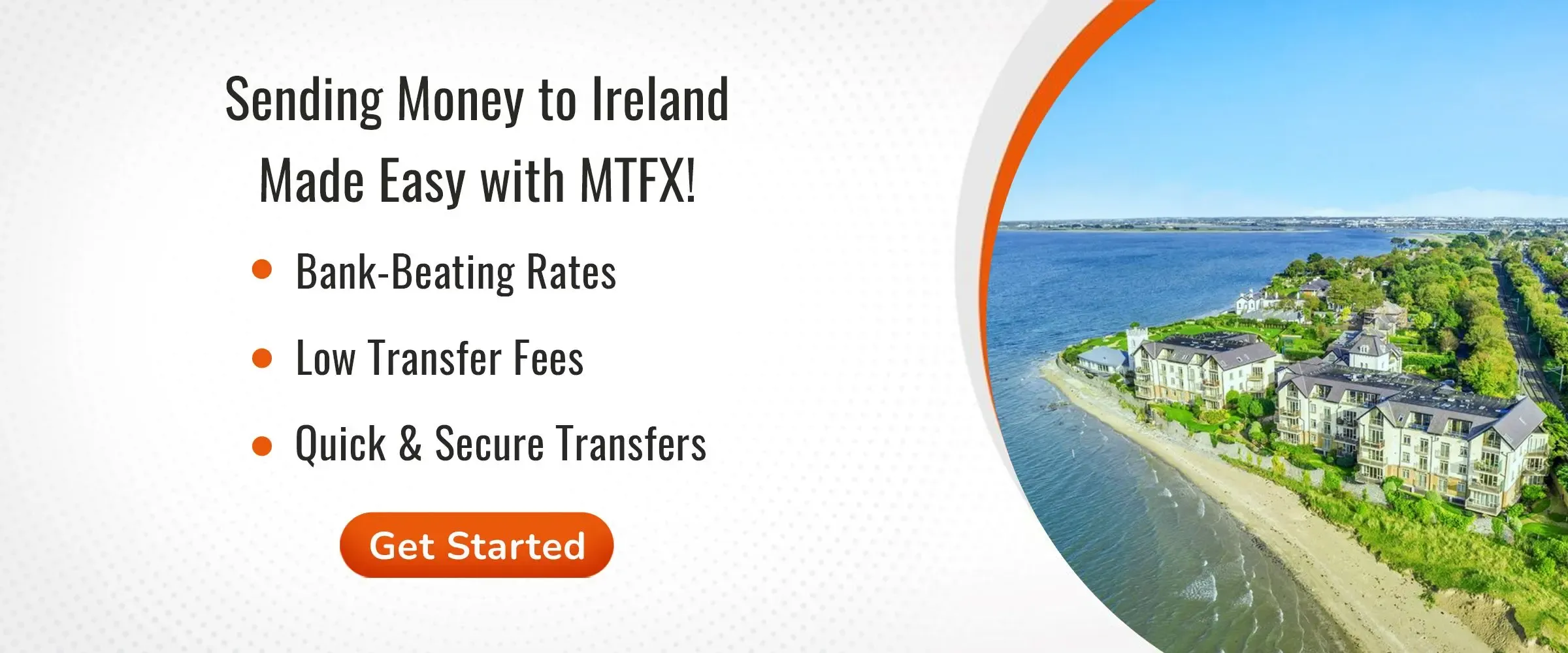 Banner promoting easy money transfers from Canada to Ireland with bank-beating rates, low fees, and coastal image of Ireland.