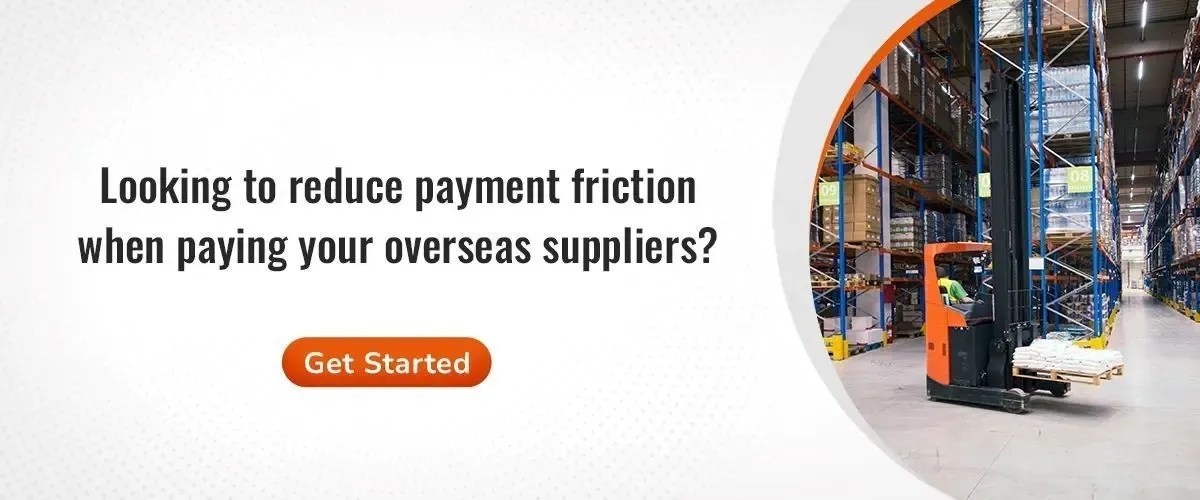 A warehouse worker operating a forklift in a well-organized distribution center, representing efficient logistics and reduced friction in overseas supplier payments.