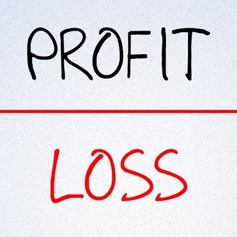 Line chart showing a financial trend that moves from profit to loss. The red horizontal line divides the chart, with "PROFIT" above and "LOSS" below. The blue line dips sharply below the line, indicating a loss, then begins to recover.