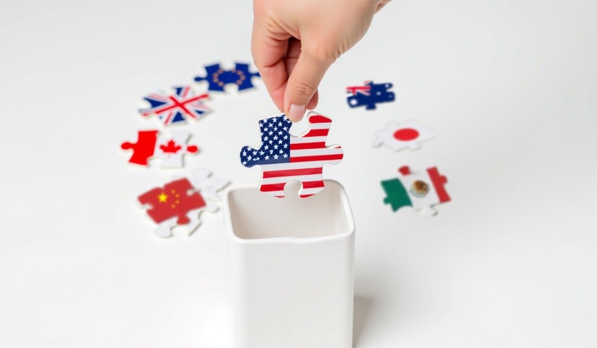 A hand placing a puzzle piece featuring the American flag into a trash bin, surrounded by other puzzle pieces representing various national flags, symbolizing international currency exchange.