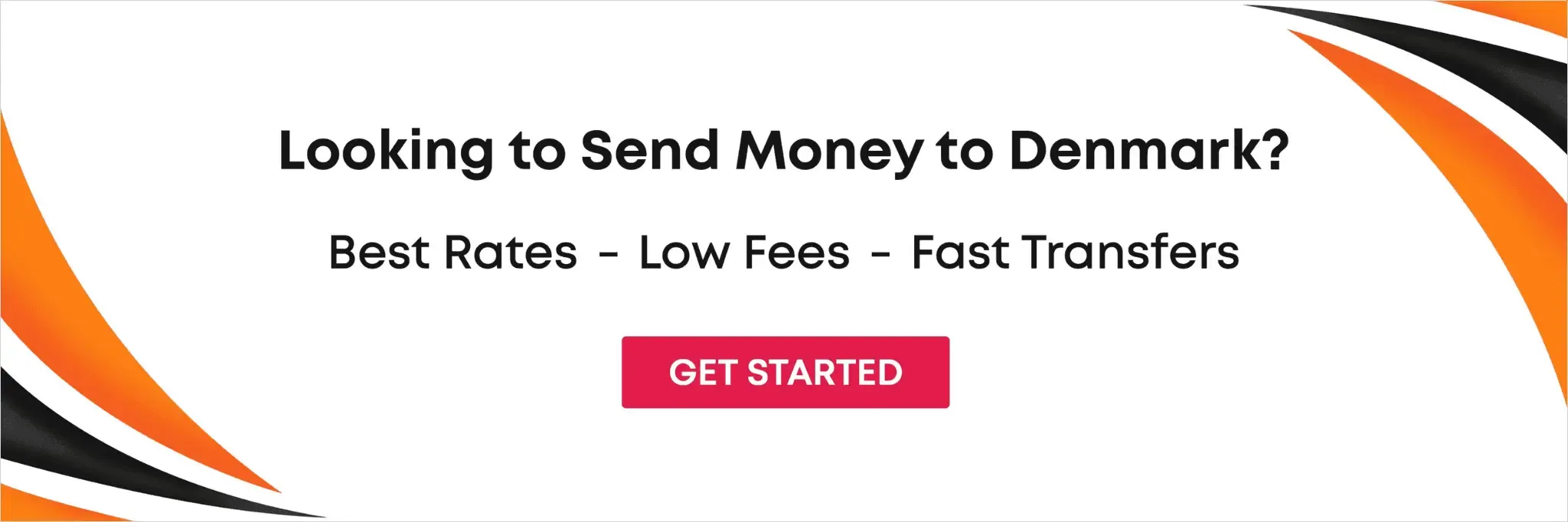 Call-to-action banner promoting money transfers to Denmark with MTFX, featuring a "Get Started" button and highlights of best rates, low fees, and fast transfers.