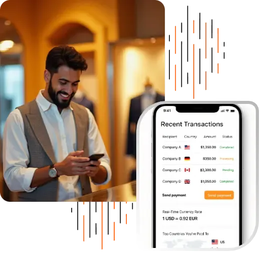 Modern illustration of business professionals exchanging digital payments, showcasing MTFX’s innovative services for streamlining B2B payments and facilitating efficient global business transactions.