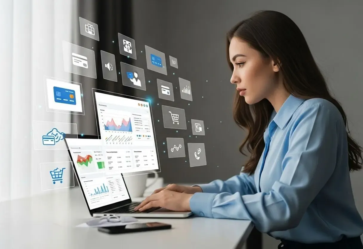 A woman working on a laptop with floating digital icons around her. MTFX highlights secure and efficient online money transfers, currency conversion, and financial tools for individuals.