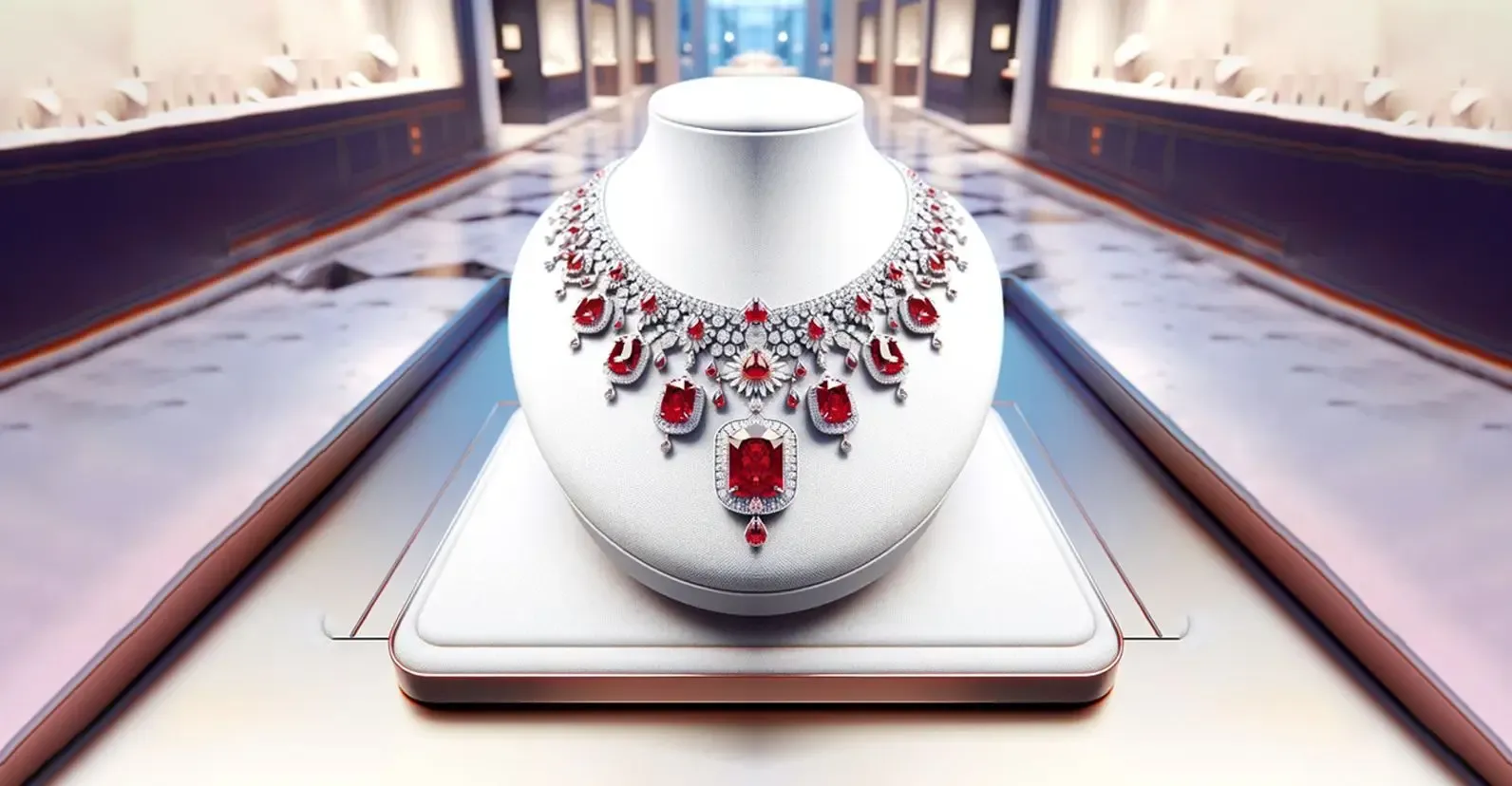A luxurious diamond necklace with large red gemstones displayed on a stand inside an upscale jewelry store, symbolizing high-value international transactions in the jewelry industry.