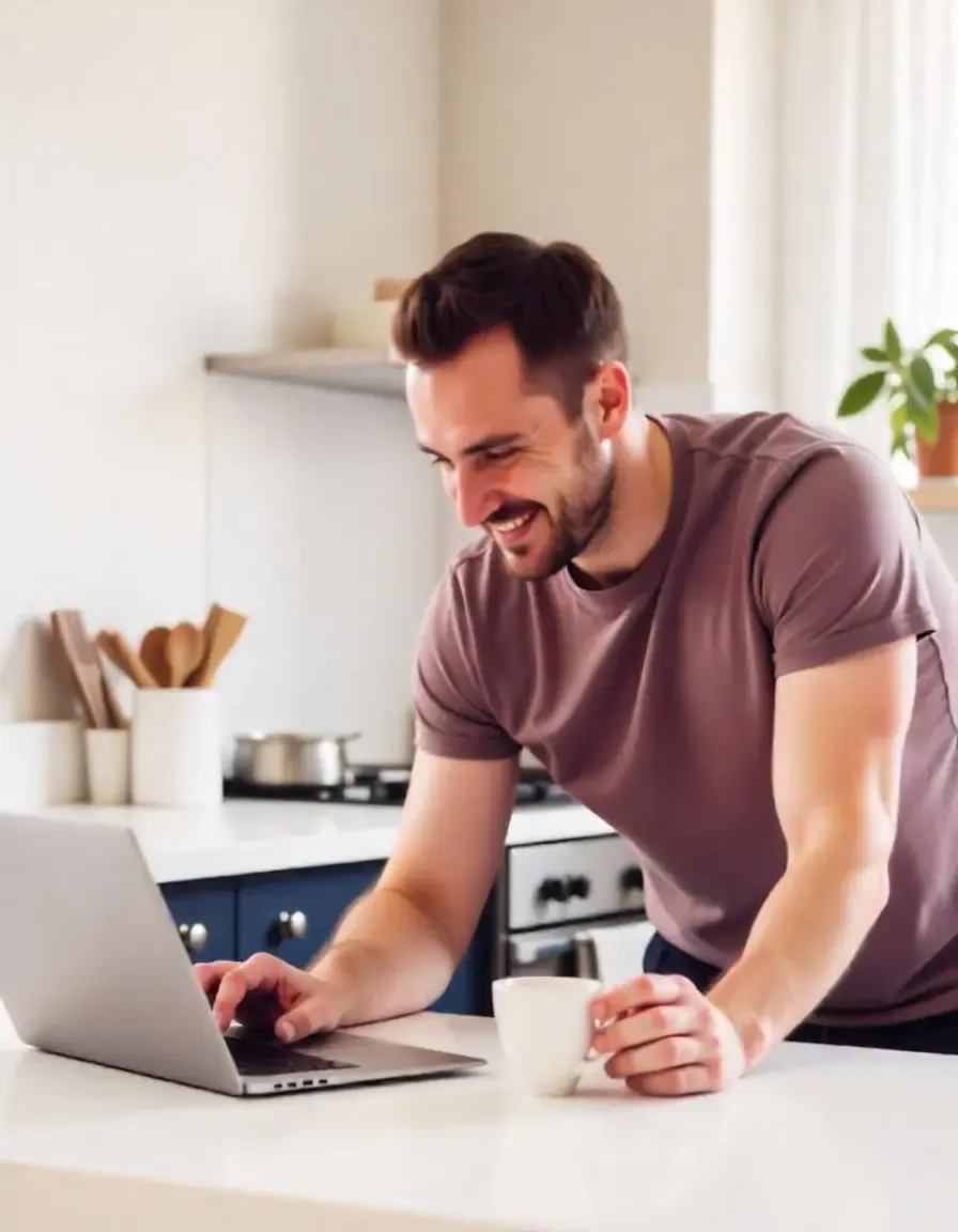 Young man working from home on a laptop in a modern kitchen, holding a coffee mug and smiling.