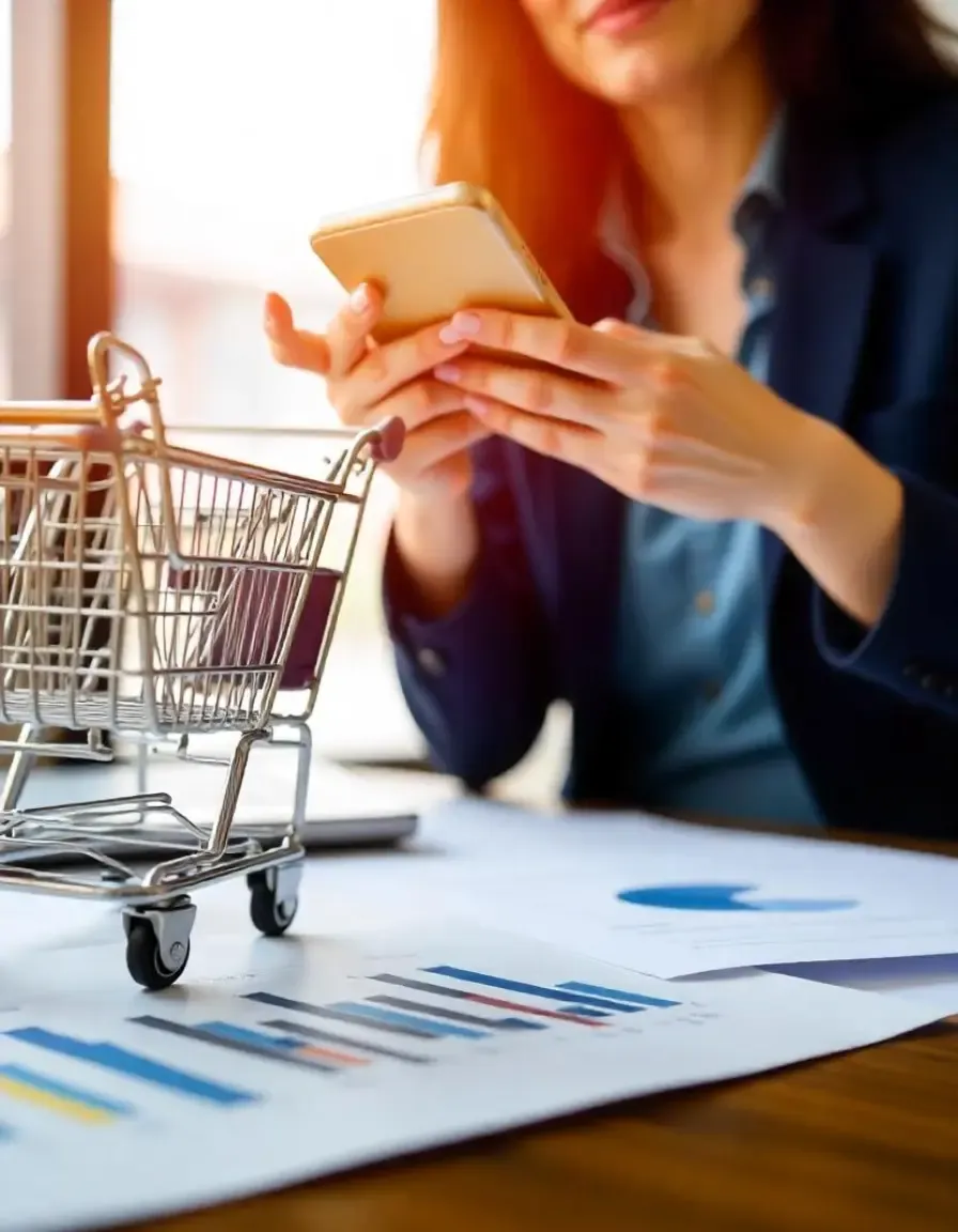 Businesswoman using smartphone near financial reports and a miniature shopping cart, symbolizing ecommerce or online shopping.
