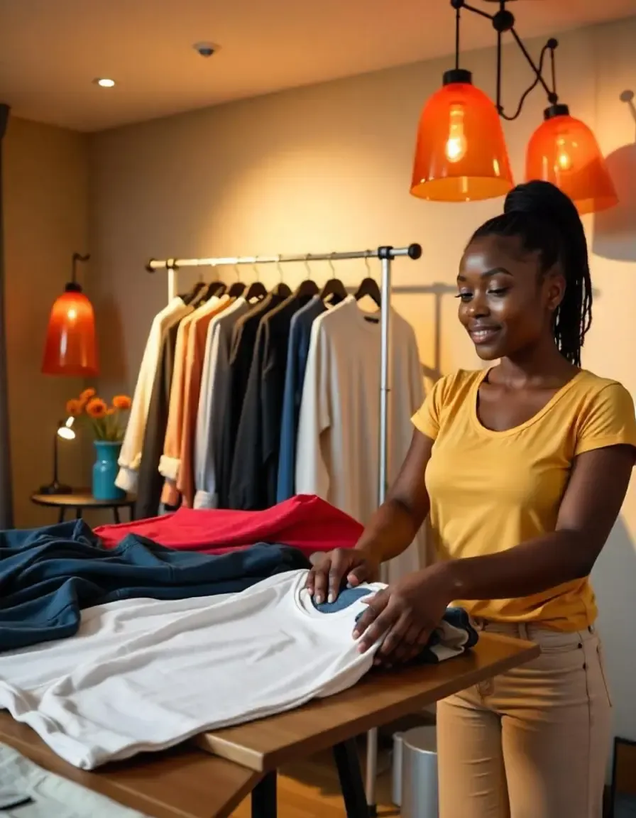 Small business owner organizing folded clothing in a boutique or home-based clothing shop.