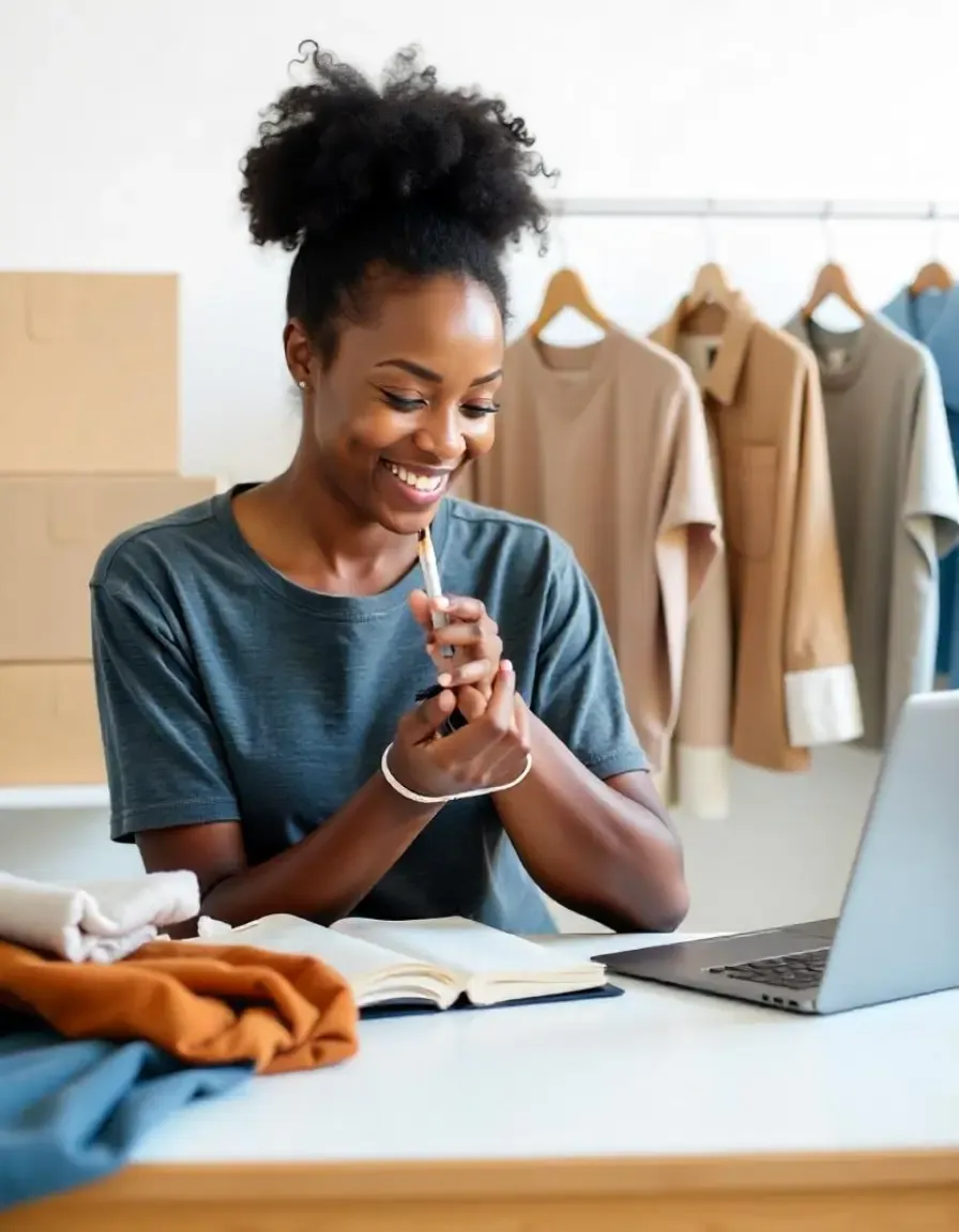 Entrepreneur planning inventory or taking notes at a desk with folded garments and boxes in the background.