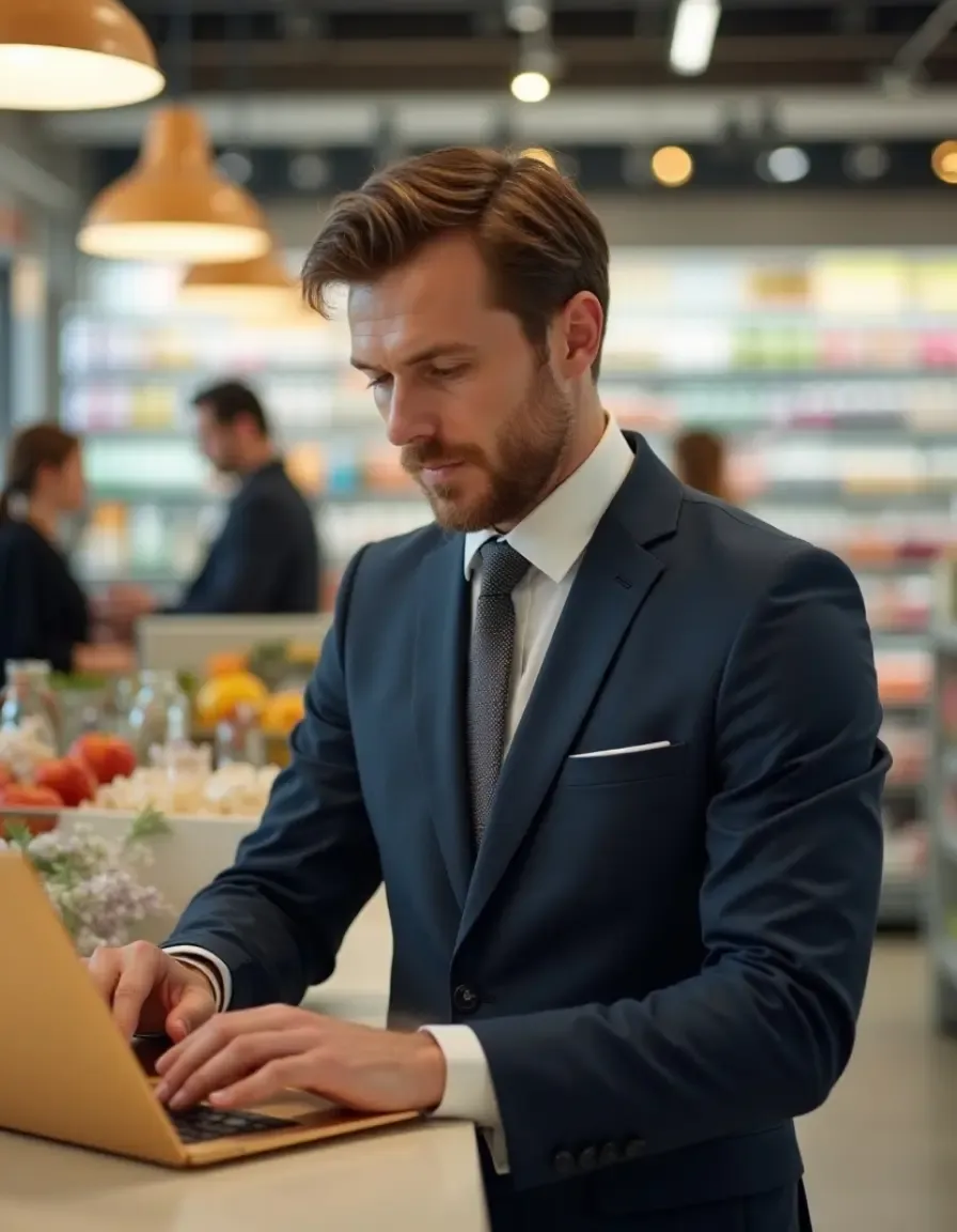 Business professional working remotely on a laptop in a retail environment with fresh produce and beverages in the background.