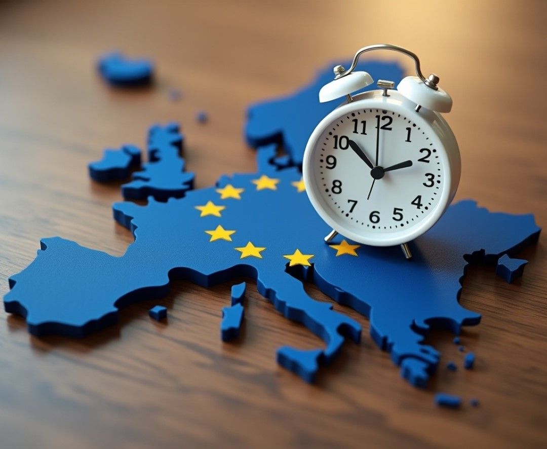 Alarm clock placed on a blue map of Europe with yellow EU stars, symbolizing fast money transfers from Canada to Europe.