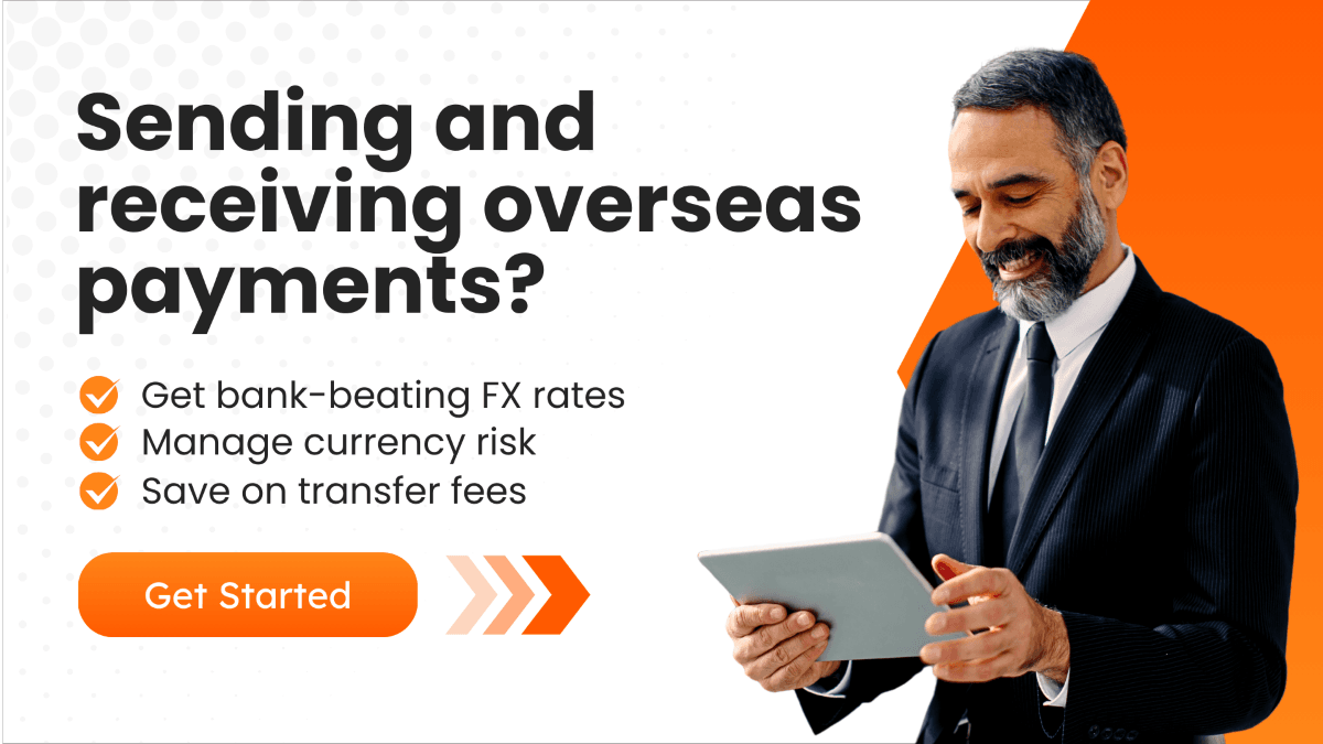 Banner displaying 'Sending and receiving overseas payments?' with benefits like bank-beating FX rates, managing currency risk, and saving on transfer fees.