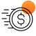 Dollar coin with motion lines and orange circle, representing fast money transfers or quick payment delivery