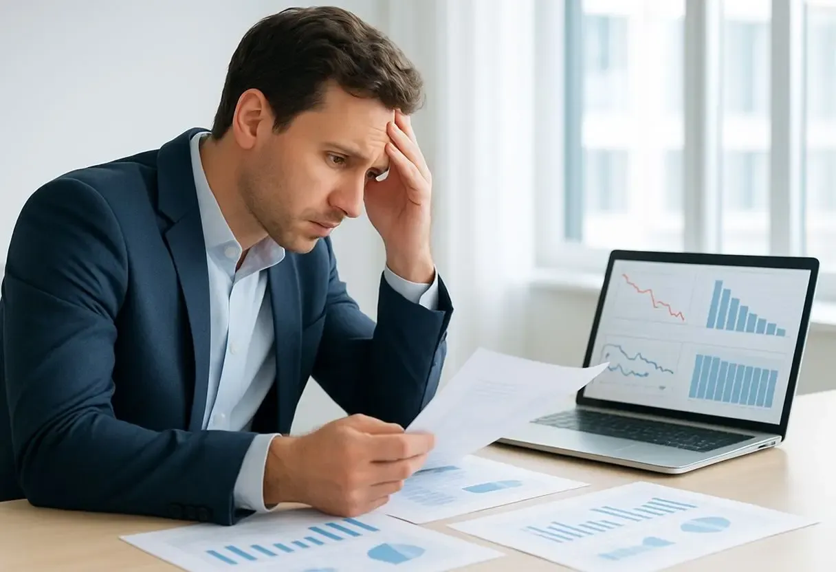 Frustrated businessman holding his head in front of a laptop, symbolizing the stress caused by high FX fees, poor exchange rates, and delayed global payments.