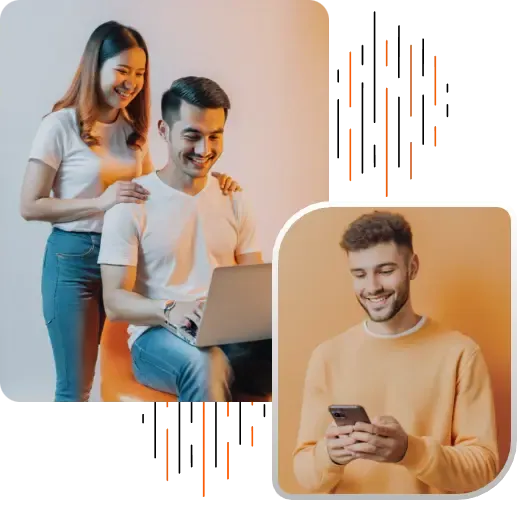 Couple looking at a laptop and a man using a smartphone, representing convenient and personalized personal money transfer solutions with MTFX