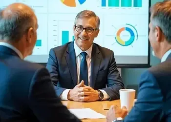 Business professionals discussing foreign investment strategies in a meeting room with financial charts displayed on a screen.