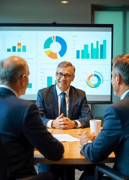 Business professionals discussing international investment strategy with financial charts in the background.