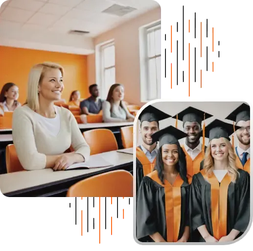 University students in a classroom and a group of graduates in caps and gowns, representing international tuition payments and overseas education expenses